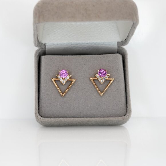 Ceylon Pink Sapphire & Diamond Earrings in  Solid 14K Yellow Gold